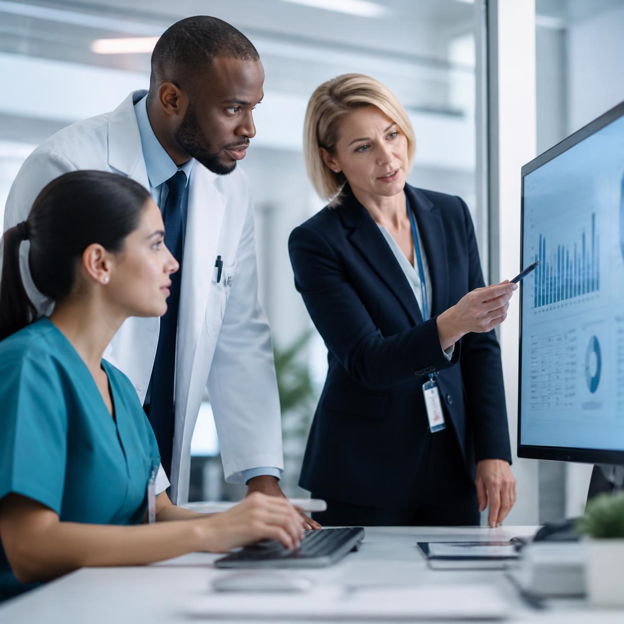 Healthcare providers and an administrator reviewing billing performance data together