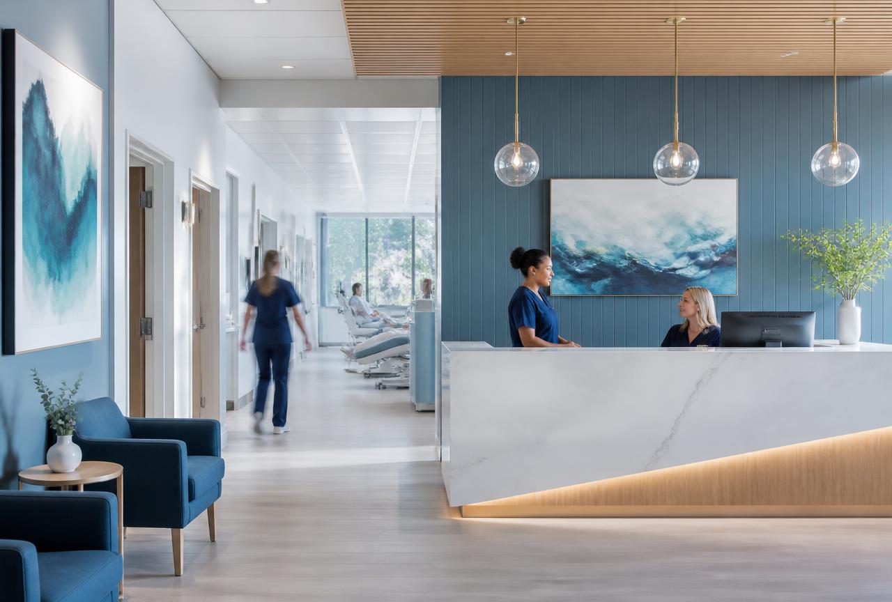 Modern outpatient clinic reception with staff supporting patients